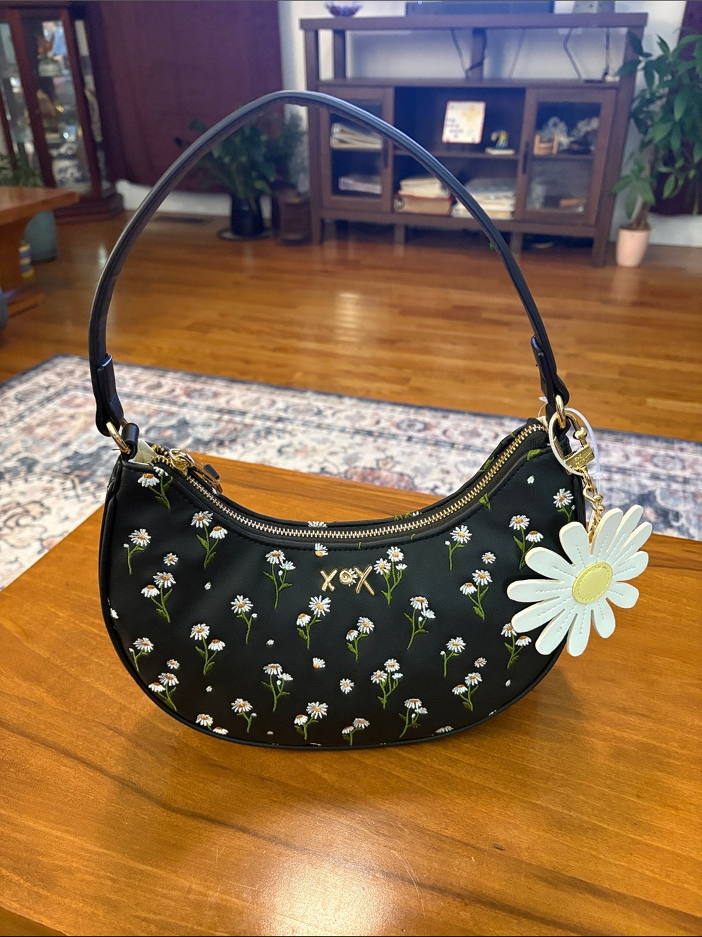 Betsey Johnson Black Daisy Charm Crescent Shoulder Bag